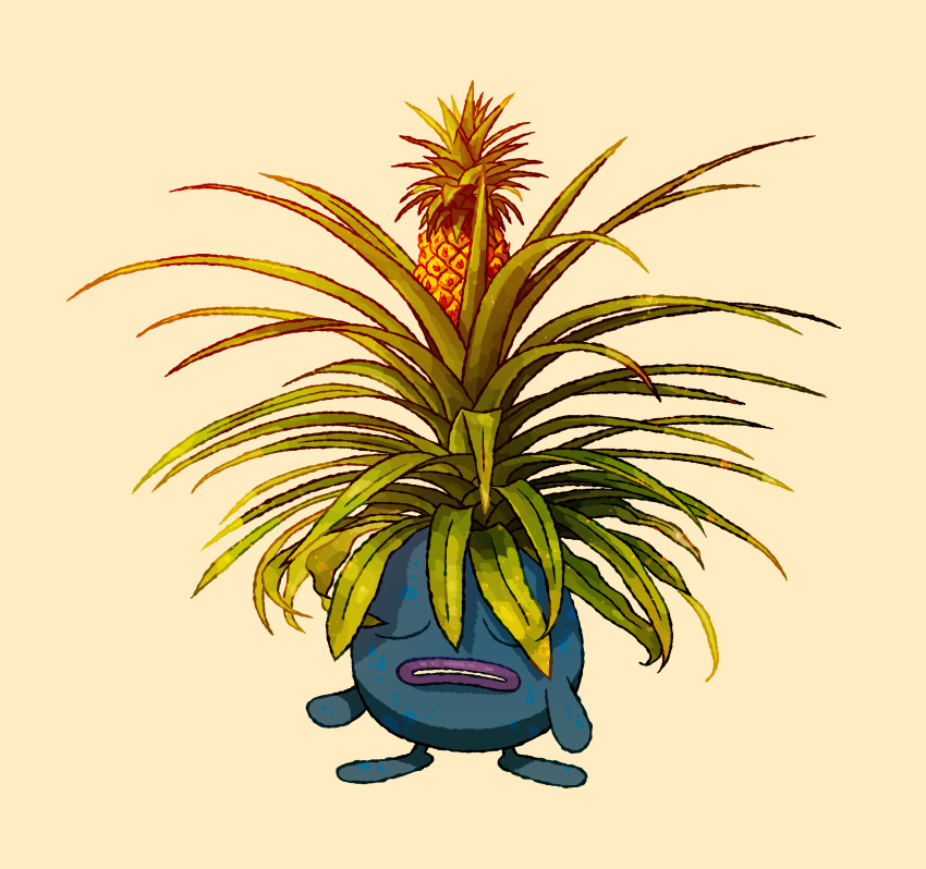 absurdres closed_eyes commentary creature daniel_j_permutt english_commentary facing_viewer food frown fruit full_body gloom highres leaf no_humans parted_lips pineapple plant pokemon pokemon_(creature) shade simple_background solo standing u_u yellow_background