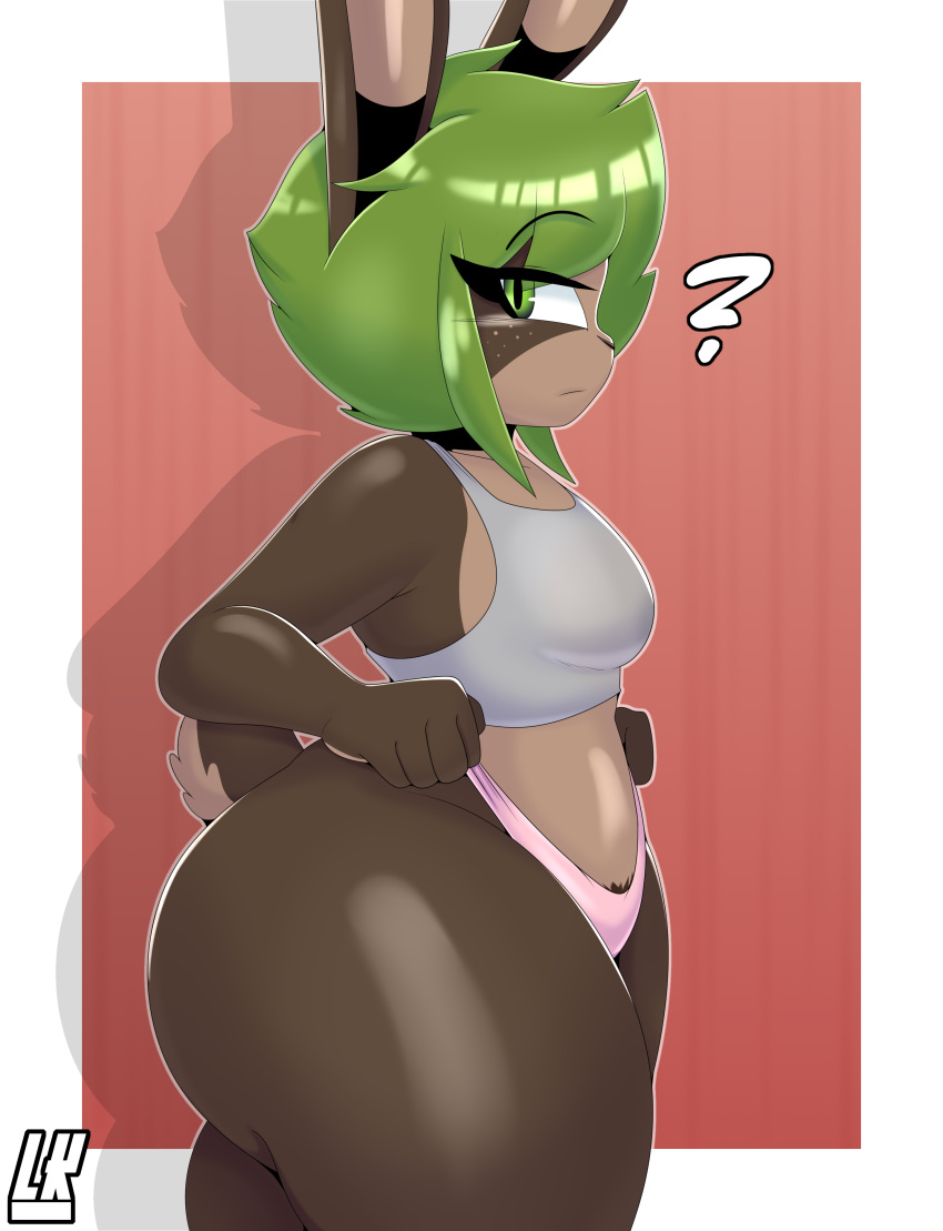 2022 absurd_res anthro bec_(lobokosmico) big_butt breasts brown_body bubs butt clothed clothing curvy_figure digital_drawing_(artwork) digital_media_(artwork) female fur green_eyes green_hair hair hi_res lagomorph leporid lobokosmico looking_at_viewer mammal multicolored_body multicolored_fur panties pubes question_mark rabbit short_stack simple_background small_breasts solo thick_thighs underwear wide_hips
