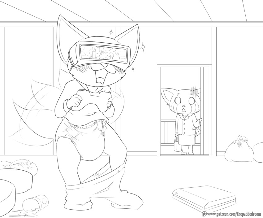 aggressive_retsuko ailurid anthro blush canid canine clean_diaper clothed clothing diaper diaper_fetish digital_media_(artwork) duo female fennec fenneko fox fur hair hi_res mammal no_pants open_mouth red_panda retsuko sanrio smile tail_motion tailwag thepaddedroom virtual_reality