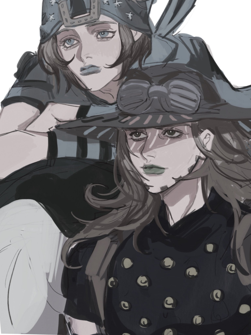 2boys beanie blue_eyes blue_lips brown_hair green_eyes green_lips hat highres johnny_joestar jojo_no_kimyou_na_bouken long_hair male_focus multiple_boys muted_color puppetjackmj steel_ball_run