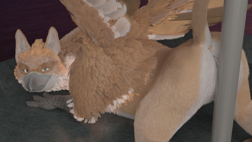 3d_(artwork) absurd_res anatomically_correct avian beak bird blender_(software) claws dancing digital_media_(artwork) eviltyto feathers female feral gryphon hi_res looking_at_viewer mythological_avian mythology pole pole_dancing presenting smile smirk solo spread_wings teasing wings