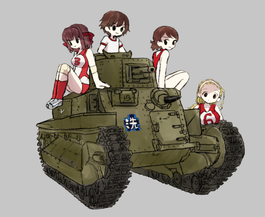 4girls bangs bird blonde_hair brown_hair closed_mouth commentary duck elbow_pads emblem girls_und_panzer grey_background ground_vehicle gym_shirt gym_uniform hair_pulled_back hairband headband highres isobe_noriko kawanishi_shinobu knee_pads kondou_taeko long_hair looking_at_viewer medium_hair military military_vehicle motor_vehicle multiple_girls on_vehicle ooarai_(emblem) ponytail red_headband red_legwear red_shirt red_shorts ri_(qrcode) sasaki_akebi shirt shoes short_hair short_ponytail short_shorts short_sleeves shorts simple_background sitting sleeveless sleeveless_shirt smile sneakers socks sportswear standing swept_bangs t-shirt tank type_89_i-gou volleyball_uniform white_footwear white_hairband white_shirt