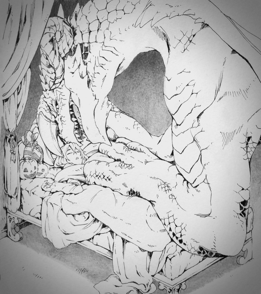 bed black_and_white dera_kimidori dragon duo female feral furniture hi_res human male male/female mammal monochrome size_difference