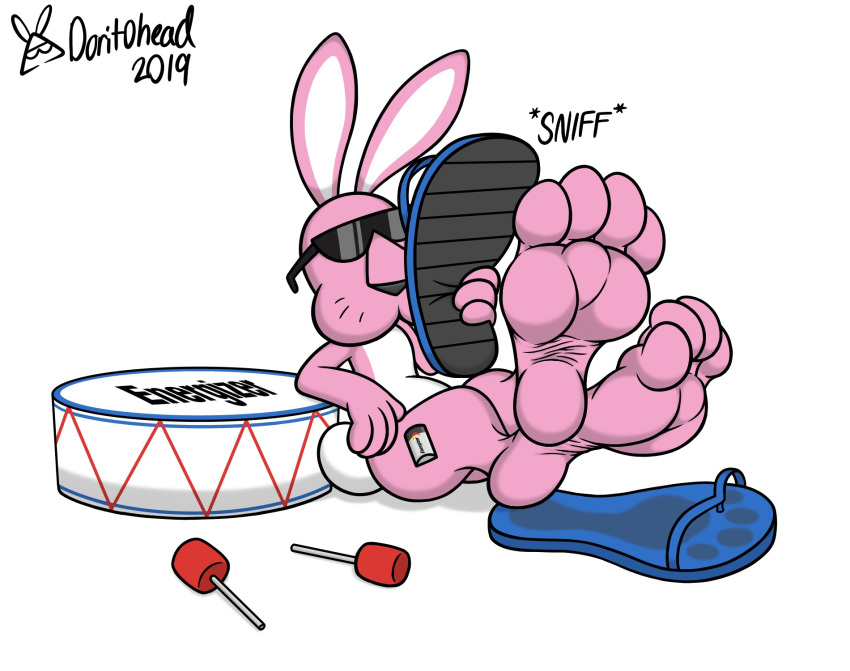 2019 anthro artist_name clothing digital_media_(artwork) doritohead drum energizer energizer_bunny eyewear feet fingers flip_flops foot_fetish foot_focus foot_imprint foot_sniffing footwear fur hi_res imprint lagomorph leporid long_ears male mammal mascot multicolored_body multicolored_fur musical_instrument nude percussion_instrument pink_body pink_fur rabbit sandals short_tail signature simple_background sitting sniffing solo sunglasses toes two_tone_body two_tone_fur white_background white_body white_fur
