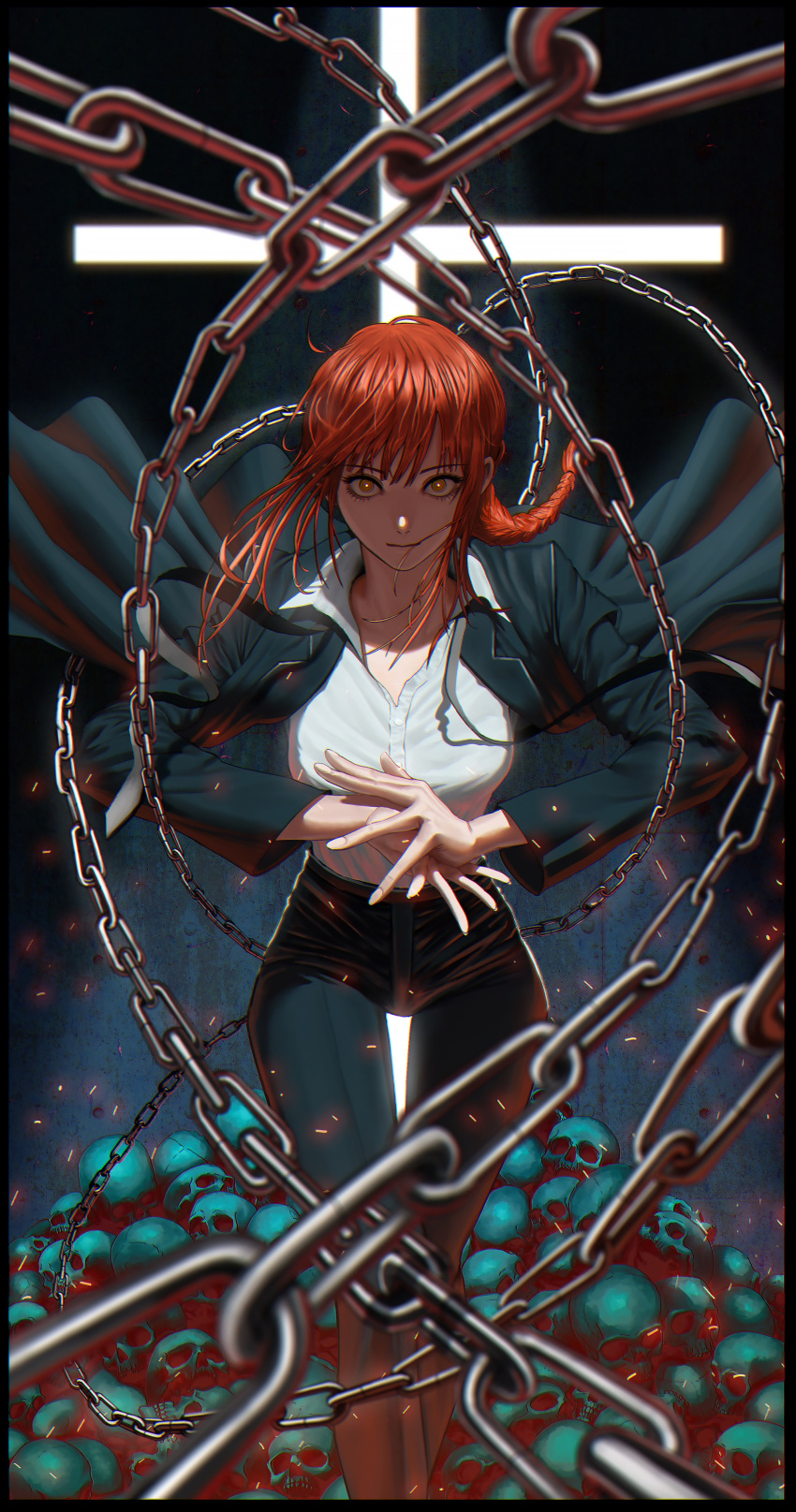 1girl absurdres bangs black_cat207 black_jacket black_pants black_suit blurry border braid chain chainsaw_man collared_shirt cross depth_of_field feet_out_of_frame formal highres jacket looking_at_viewer makima_(chainsaw_man) medium_hair open_clothes open_jacket own_hands_together pants pile_of_skulls red_hair ringed_eyes shirt single_braid skull solo standing suit thigh_gap white_shirt yellow_eyes