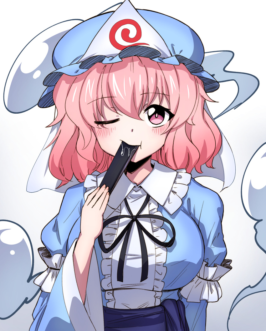 1girl absurdres black_ribbon blush closed_fan eyebrows_visible_through_hair folding_fan hand_fan hat highres japanese_clothes long_sleeves looking_at_viewer mob_cap monane4 neck_ribbon one_eye_closed pink_eyes pink_hair ribbon saigyouji_yuyuko saliva sash short_hair solo touhou triangular_headpiece wide_sleeves