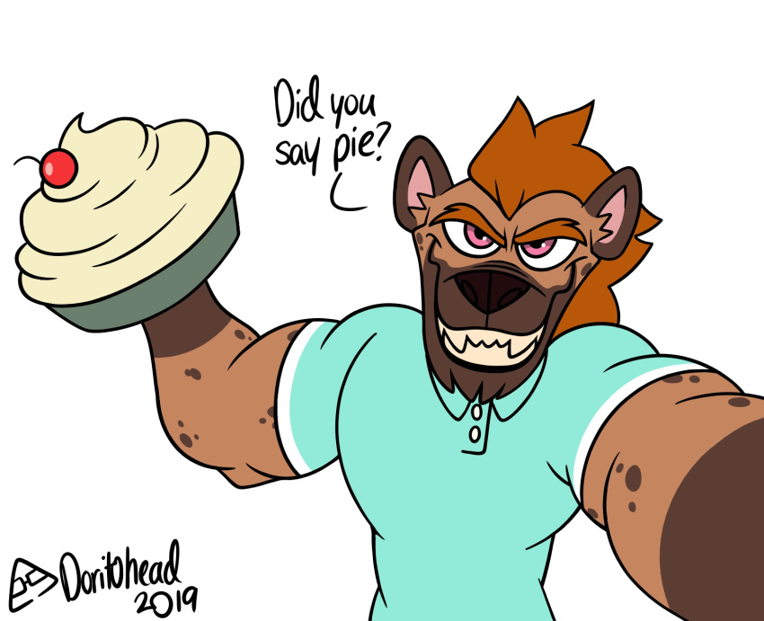 2019 anthro artist_name biceps brown_body brown_fur brown_hair brown_spots dialogue digital_media_(artwork) doritohead duilio_costello english_text evil_grin fur hair hi_res hyaenid looking_at_viewer male mammal muscular muscular_anthro muscular_male pie_(food) pink_eyes signature simple_background smile solo spots spotted_body spotted_fur spotted_hyena talking_to_viewer teeth text white_background