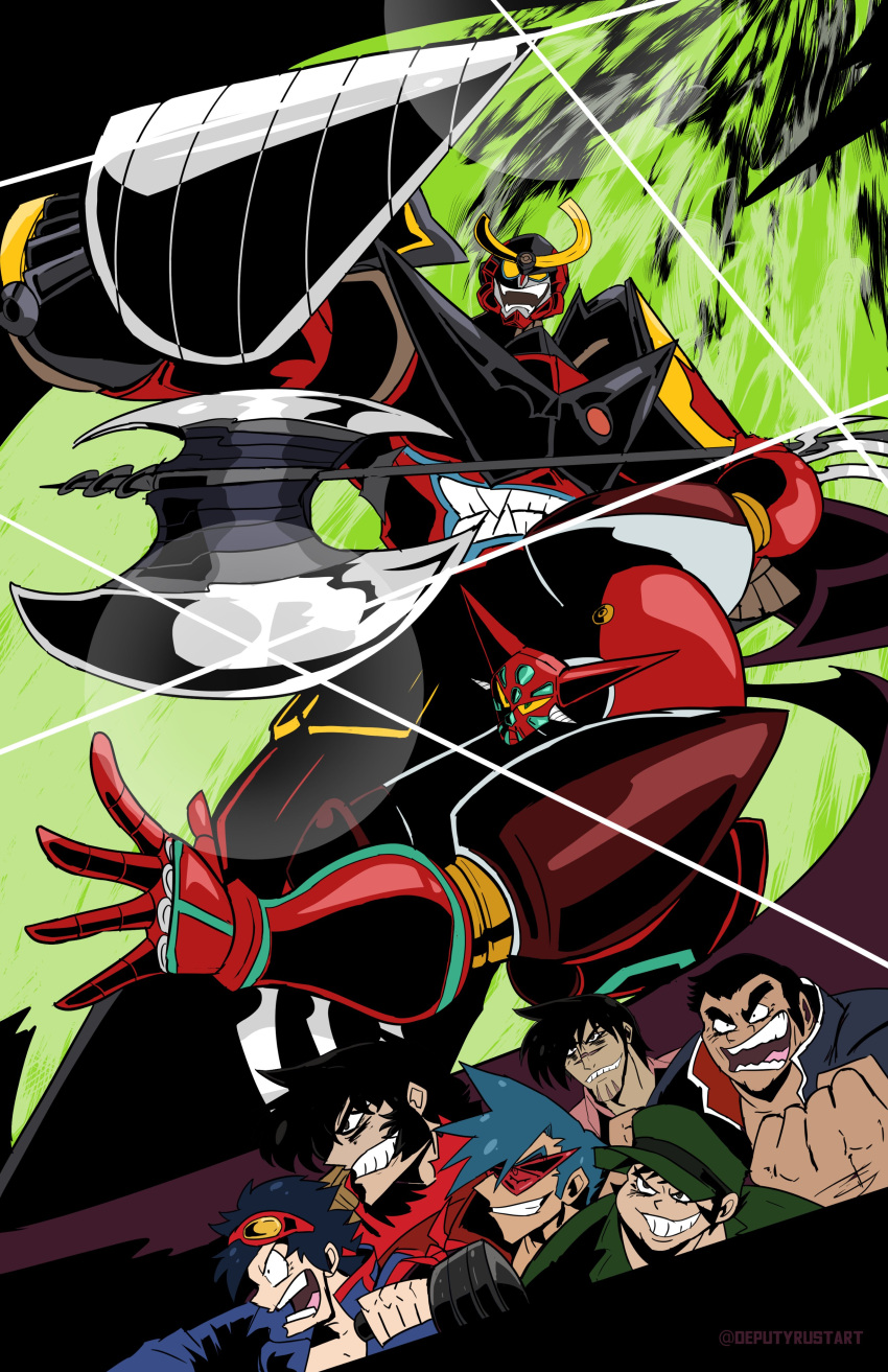 6+boys absurdres bandages benkei_kuruma black_hair blue_hair clenched_hands crossover deputy_rust drill getter_robo gloves glowing glowing_eyes goggles grin gurren-lagann hair_behind_ear highres holding jacket jin_hayato kamina_(ttgl) kamina_shades mecha multiple_boys musashi_tomoe nagare_ryoma red_scarf scarf shin_getter-1 shin_getter_robo shirt sideburns simon_(ttgl) smile super_robot tattoo teeth tengen_toppa_gurren_lagann topless_male triangular_eyewear weapon wings yellow_eyes