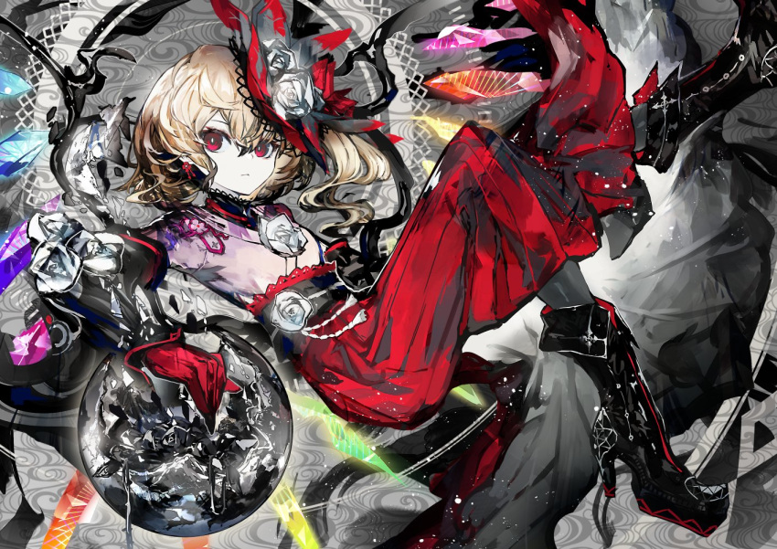 1girl abstract_background alternate_costume bangs bicorne black_legwear black_sash blonde_hair boots contemporary cover crystal detached_sleeves earrings expressionless flandre_scarlet flower flower_earrings flower_ornament full_body gloves hair_between_eyes hair_flower hair_ornament hat high_heel_boots high_heels jewelry kusakanmuri latex latex_boots long_sleeves looking_at_viewer one_side_up pink_shirt red_eyes red_gloves red_headwear red_skirt ribbon-trimmed_sash rose sash shirt short_hair skirt solo touhou white_flower white_rose wings