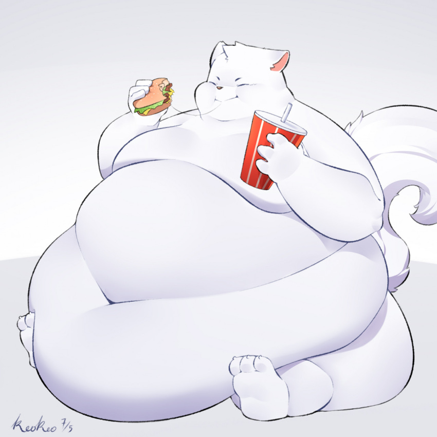 3_toes 4_fingers anthro barefoot belly_on_ground belly_rolls beverage bodily_fluids canid canine canis claws domestic_dog drinking eating eyes_closed fat_rolls feet fingers food fur hi_res holding_beverage holding_food holding_object keo keokeo male mammal moobs morbidly_obese morbidly_obese_male navel nordic_sled_dog nude obese obese_male overweight overweight_male saliva samoyed simple_background sitting smile solo spitz thick_arms thick_thighs toes white_background white_body white_fur