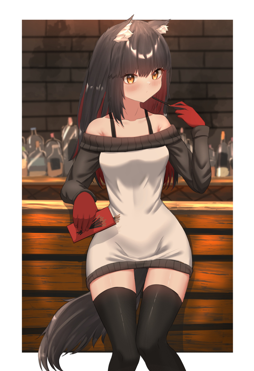 1girl absurdres animal_ear_fluff animal_ears arknights black_hair black_legwear border chewycandy collarbone feet_out_of_frame food gloves grey_sweater highres holding holding_food indoors long_hair long_sleeves nail_polish off-shoulder_sweater off_shoulder outside_border pocky red_gloves red_hair solo spaghetti_strap sweater tail texas_(arknights) thighhighs white_border wolf_ears wolf_girl wolf_tail yellow_eyes