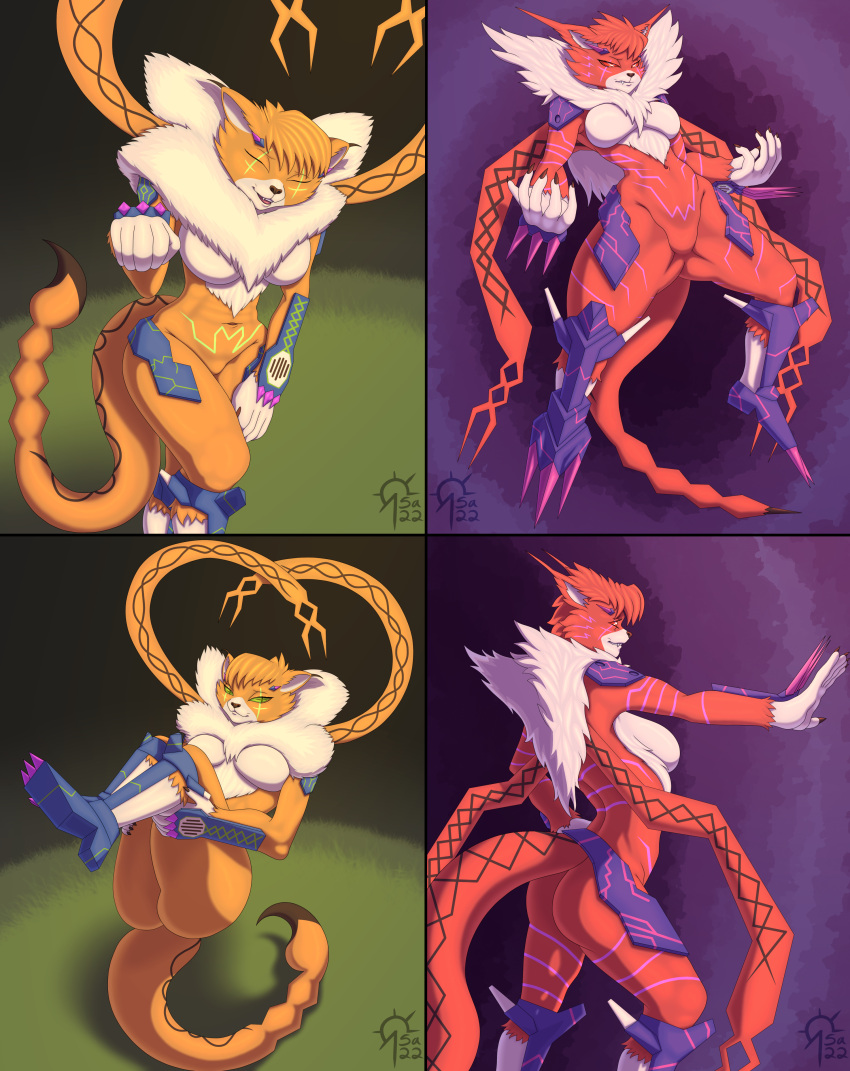 absurd_res animal_humanoid anthro armor back_tuft bandai_namco big_breasts big_butt breasts butt cat_humanoid cel_shading chest_tuft clothed clothing cross_pupils digimon digimon_(species) domestic_cat duo felid felid_humanoid feline feline_humanoid felis female feral floating fur green_eyes green_markings hi_res humanoid looking_at_viewer maine_coon mammal mammal_humanoid markings meicrackmon meicrackmon_vicious_mode multiple_poses multiple_positions nude orange_body orange_fur partially_clothed pose purple_markings sacrificabominat shaded tuft