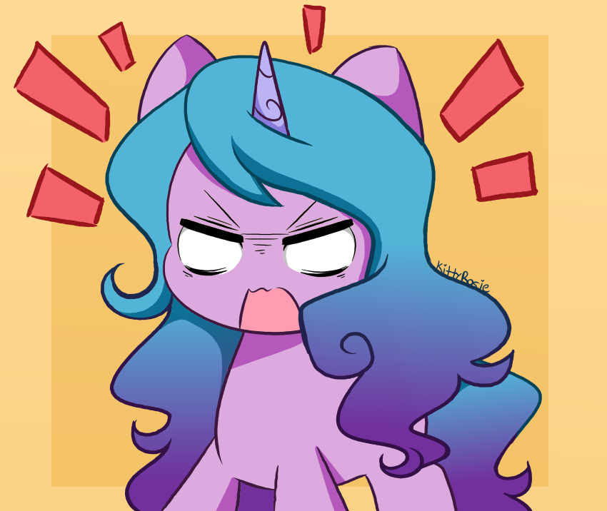 absurd_res angry blue_hair equid equine female feral hair hasbro hi_res horn izzy_moonbow_(mlp) kittyrosie long_hair mammal mlp_g5 my_little_pony open_mouth purple_body signature solo unicorn