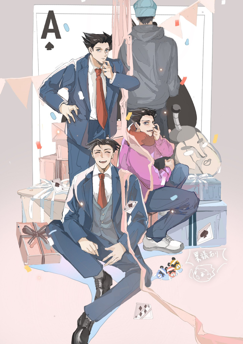4boys ^_^ ^o^ ace_attorney ace_of_clubs ace_of_spades apollo_justice:_ace_attorney beanie black_hair card closed_eyes club_(shape) formal from_behind gift hat highres hood hoodie male_focus multiple_boys multiple_persona phoenix_wright ribbon scarf spade_(shape) spiked_hair steel_samurai suit time_paradox turquoise_mika