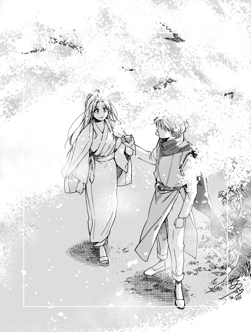 1boy 1girl absurdres botan_(yu_yu_hakusho) cherry_blossoms couple full_body greyscale hair_down hetero highres holding_hands japanese_clothes koenma long_hair looking_at_another monochrome open_mouth pacifier pants petals scarf shivaharu short_hair slippers tree yu_yu_hakusho