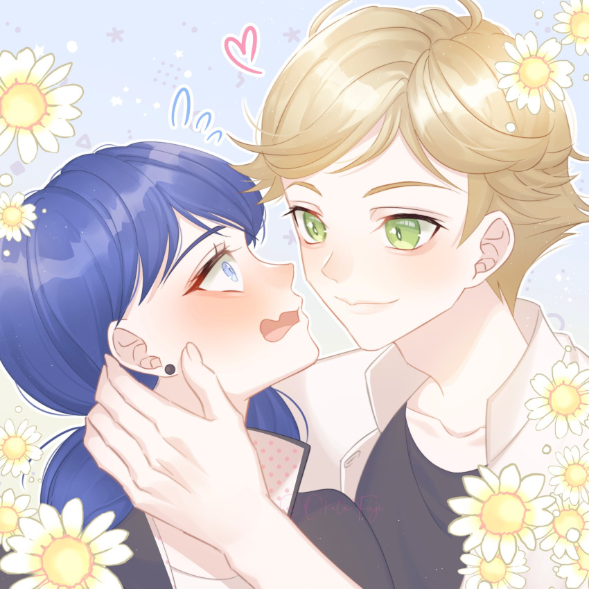 1boy 1girl :o adrien_agreste blonde_hair blue_eyes blue_hair blush daisy dark_blue_hair earrings embarrassed flower green_eyes hand_on_another's_cheek hand_on_another's_face hand_on_another's_head heart hetero highres jewelry marinette_dupain-cheng miraculous_ladybug okitafuji smile teenage