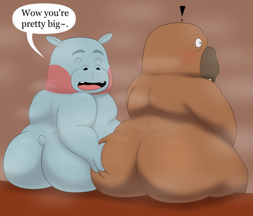 2022 absurd_res anthro belly big_belly big_butt blue_body blush brown_body butt butt_grab colossalstars common_hippopotamus duo english_text exclamation_point eyes_closed hand_on_butt hi_res hippopotamid hiroshi_odokawa_(odd_taxi) male male/male mammal marine moobs odd_taxi overweight overweight_male pinniped sitting steam taichi_kabasawa_(odd_taxi) text walrus
