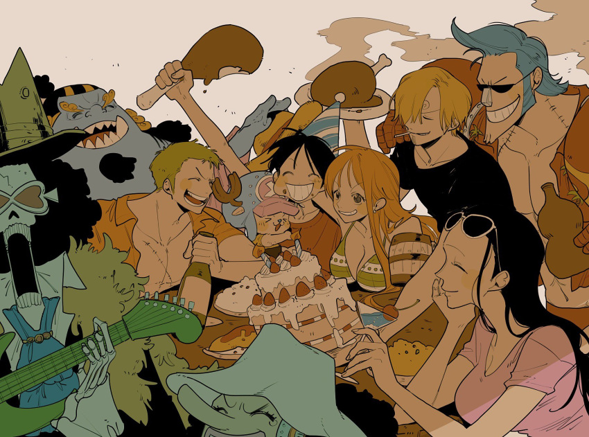 ^_^ alcohol antlers black_hair blonde_hair blue_hair brook cake closed_eyes eating eyewear_on_head food franky green_hair grin guitar highres instrument jinbe_(one_piece) meat monkey_d._luffy music nami_(one_piece) nico_robin numata_(oioioioiai) one_piece orange_hair party playing_instrument reindeer_antlers roronoa_zoro sanji smile sunglasses tony_tony_chopper usopp