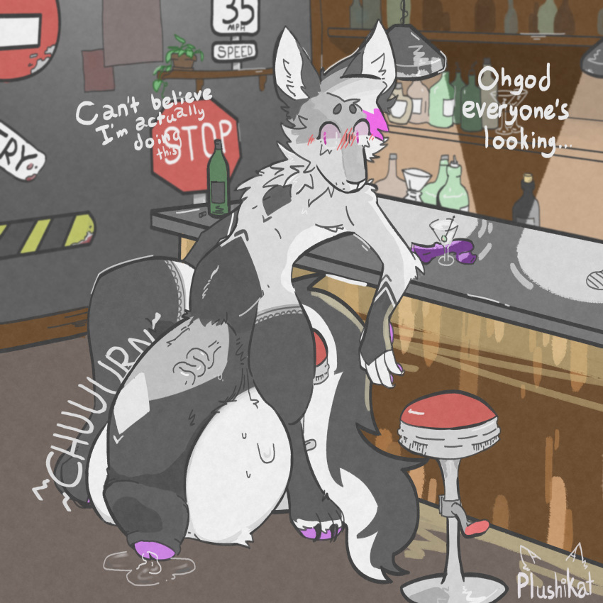 absurd_res alcohol anthro balls beverage big_balls big_penis blush bodily_fluids canid canine embarrassed flaccid fox fur fur_pattern furry_penis genital_fluids genitals hair hi_res huge_balls huge_penis hyper hyper_balls hyper_genitalia hyper_penis inner_monologue inside kataari kataari_(character) looking_at_another male mammal marble_fox nervous nonbinary_(lore) onomatopoeia paws penis pink_eyes pink_hair precum public public_nudity purple_paws red_fox slim solo solo_focus sound_effects sweat text thick_thighs vein veiny_penis white_body