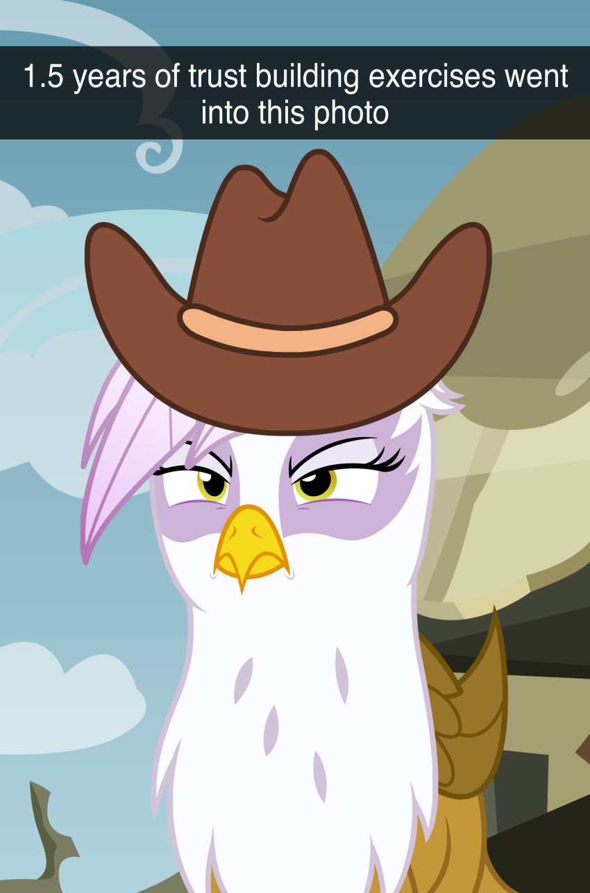 amber_eyes avian badumsquish caption clothing cowboy_hat friendship_is_magic gilda_(mlp) grumpy gryphon hasbro hat headgear headwear hi_res meme my_little_pony mythological_avian mythology solo wings