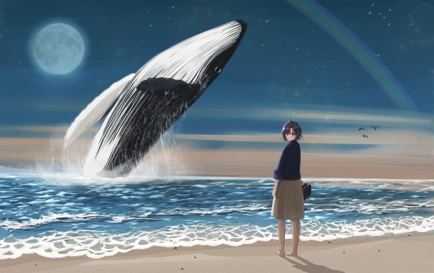 1girl absurdres ahoge asakura_toru barefoot beach bird full_body highres holding holding_shoes idolmaster idolmaster_shiny_colors keith_(djdc8452) light_purple_hair looking_at_viewer moon orca outdoors rainbow sand shoes shoes_removed short_hair solo star_(sky)