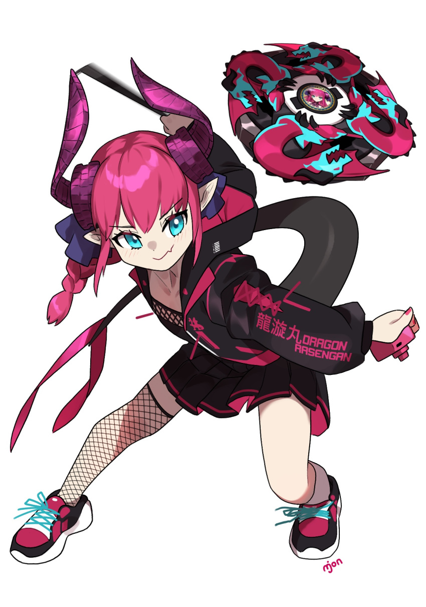 1girl alternate_costume asymmetrical_horns beyblade beyblade_(object) black_jacket black_skirt blue_eyes curled_horns dragon_girl dragon_horns dragon_tail elizabeth_bathory_(fate) elizabeth_bathory_(fate/extra_ccc) fang fate/grand_order fate_(series) finger_cots fishnet_thighhighs fishnets highres hood hooded_jacket horns jacket long_hair long_sleeves miniskirt monkey_jon pink_hair pleated_skirt pointy_ears shoes single_thighhigh skin_fang skirt smile sneakers solo tail thighhighs uneven_horns