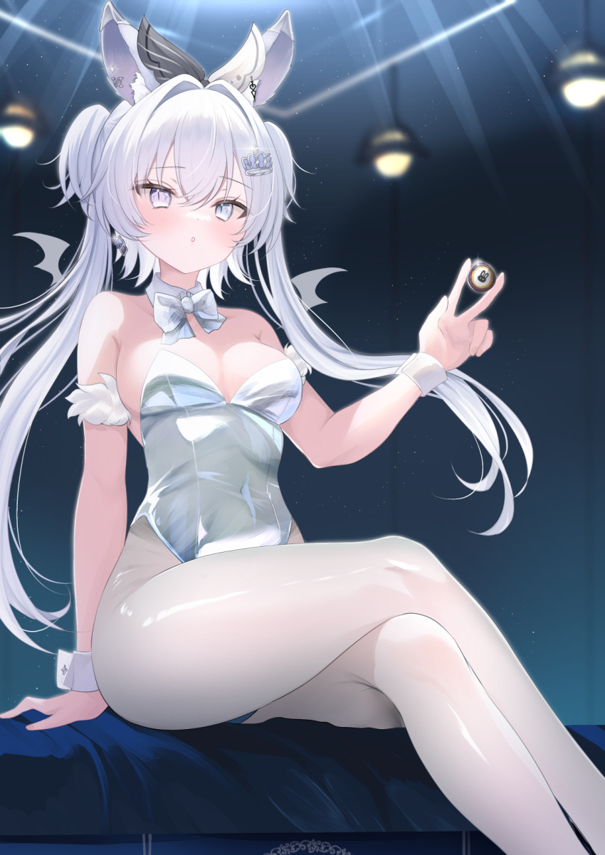 1girl animal_ears bat_wings bow bowtie breasts commission crossed_legs crown_hair_ornament detached_collar feet_out_of_frame grey_eyes grey_hair hair_ribbon highres indie_virtual_youtuber kimino_aruji kurage_cc leotard medium_breasts pantyhose playboy_bunny poker_chip rabbit_ears ribbon sitting skeb_commission solo strapless strapless_leotard twintails two_side_up virtual_youtuber white_bow white_bowtie white_hair white_leotard white_pantyhose wings wrist_cuffs