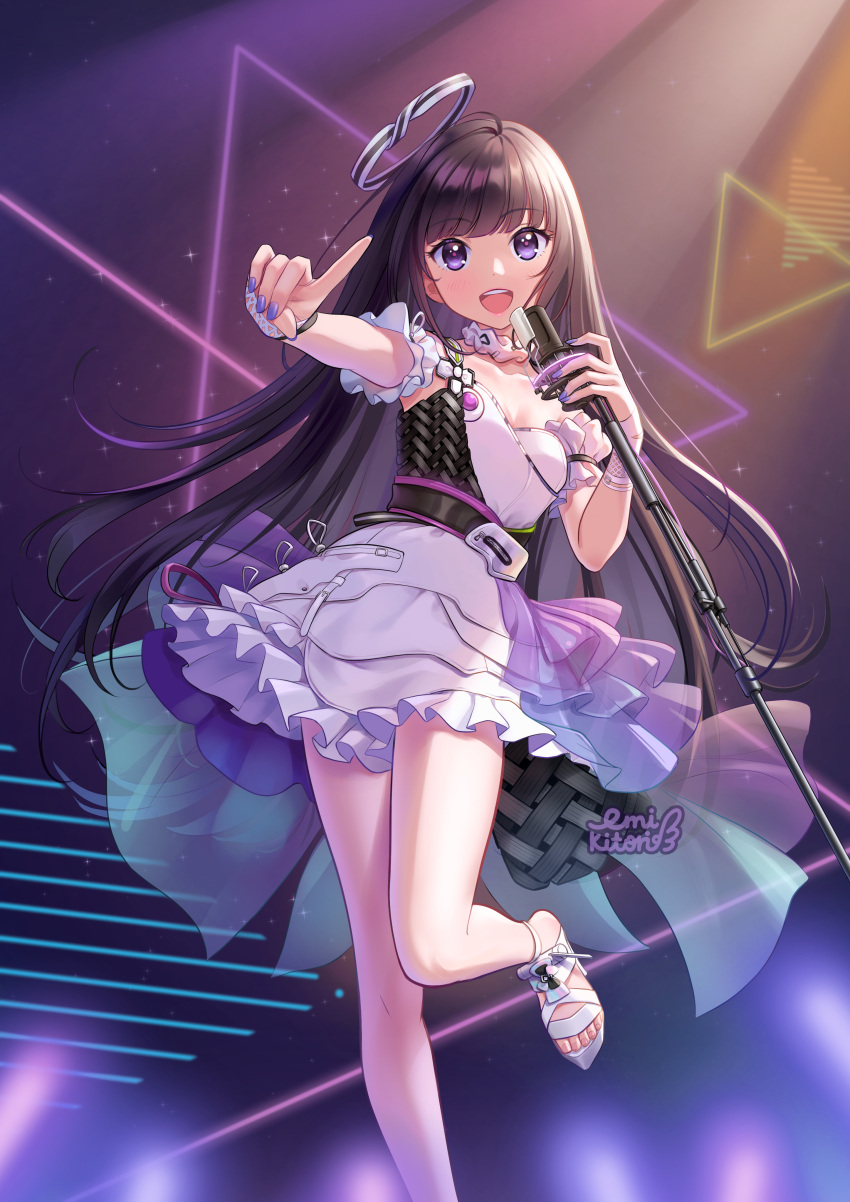 1girl absurdres blush breasts brown_hair cleavage detached_sleeves dress fingerless_gloves girls'_frontline girls'_frontline_neural_cloud gloves halo highres holding holding_microphone idol lilia_creative long_hair looking_at_viewer microphone microphone_stand nail_polish nanaka_(neural_cloud) open_mouth pointing pointing_at_viewer purple_eyes sandals short_sleeves small_breasts smile solo standing standing_on_one_leg very_long_hair