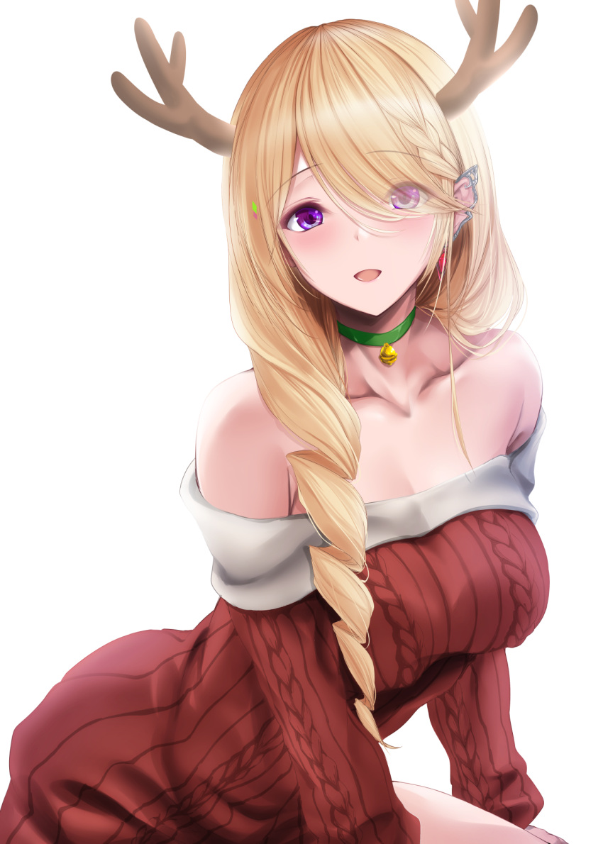 1girl aki_rosenthal antlers blonde_hair braid braided_ponytail breasts choker cleavage fur-trimmed_sweater fur_trim green_choker hair_over_one_eye highres hololive large_breasts long_hair looking_at_viewer maho_(yakimorokoshi) open_mouth purple_eyes red_sweater reindeer_antlers smile solo sweater swept_bangs virtual_youtuber