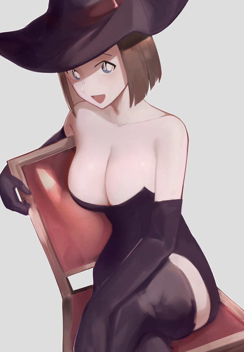 1girl absurdres black_dress bob_cut breasts chair cleavage dress hat highres kahnapuf large_breasts looking_at_viewer meitantei_conan short_dress sitting suzuki_sonoko witch witch_hat