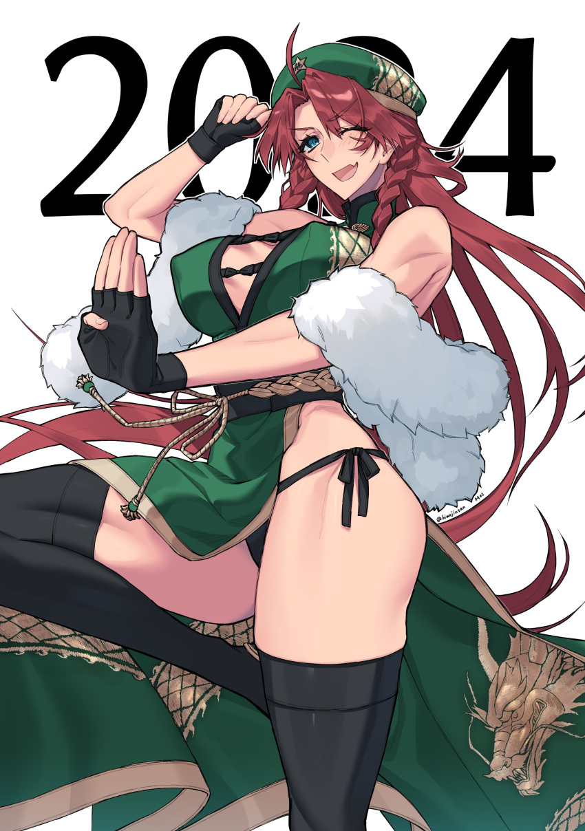 1girl absurdres bare_shoulders beret black_panties blue_eyes braid breasts china_dress chinese_clothes chinese_new_year cleavage cleavage_cutout clothing_cutout commentary_request dragon_print dress fang gloves green_headwear hair_ornament hat hat_ornament highres himadera hong_meiling large_breasts long_hair looking_at_viewer mob_cap open_mouth panties pelvic_curtain print_dress red_hair side-tie_panties side-tie_peek side_slit simple_background skin_fang sleeveless sleeveless_dress smile solo star_(symbol) star_hat_ornament string_panties thighhighs toned touhou twin_braids twitter_username underwear white_background