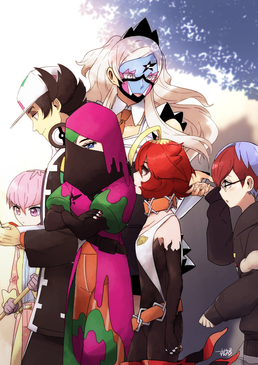 3boys 3girls absurdres ahoge atticus_(pokemon) baseball_cap black_eyes black_gloves black_hair blonde_hair blue_eyes blue_hair bodysuit cane closed_mouth coat collar detached_collar detached_sleeves eri_(pokemon) facepaint fiery_clothing fingerless_gloves giacomo_(pokemon) glasses gloves grey_eyes hat headphones highres holding holding_cane holding_hands hood hoodie long_hair long_sleeves mela_(pokemon) multicolored_hair multiple_boys multiple_girls necktie orange_collar orange_necktie orange_pants ortega_(pokemon) pants penny_(pokemon) pink_coat pink_hair pointy_hair poke_ball_print pokemon pokemon_sv purple_eyes red_hair round_eyewear short_hair smile striped striped_pants suzukinoko1021 team_star two-tone_hair white_hair white_headwear