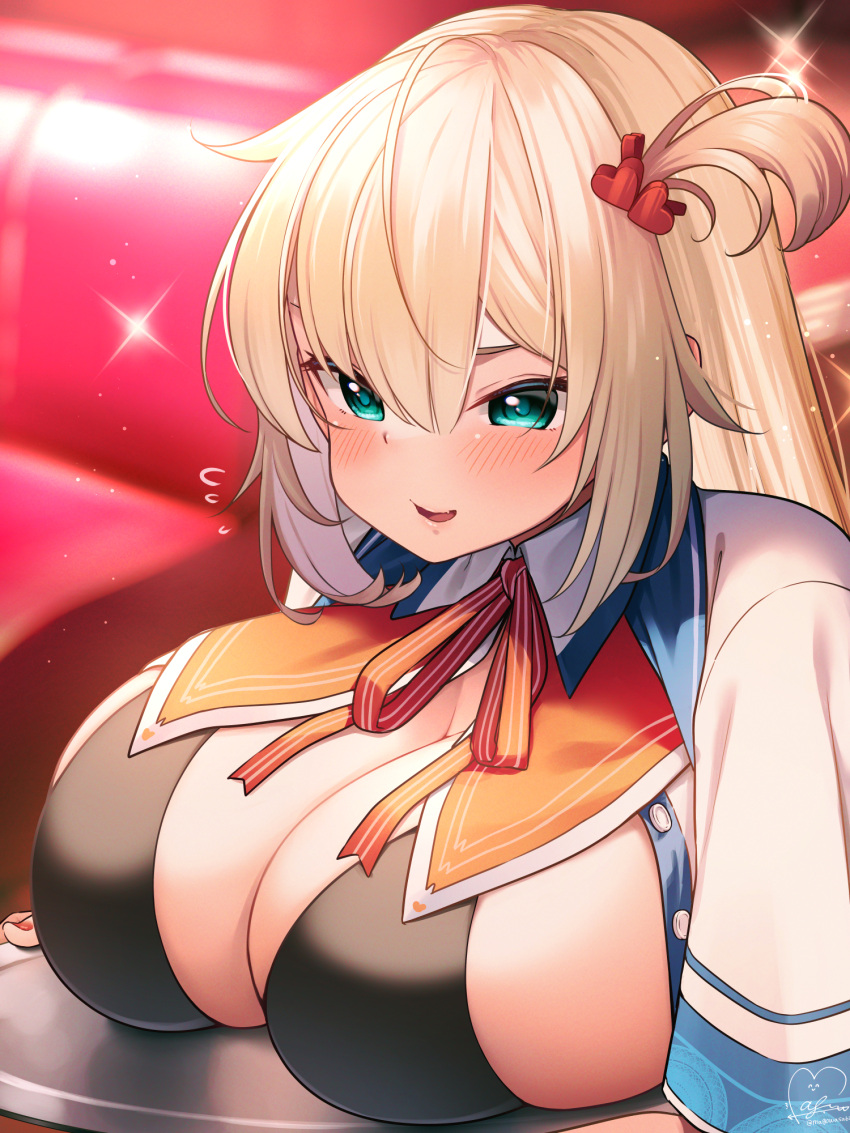 1girl akai_haato aqua_eyes bikini black_bikini blonde_hair blush breast_rest breasts breasts_on_table breasts_on_tray cleavage collared_shirt commentary_request flying_sweatdrops hair_between_eyes hair_ornament heart heart_hair_ornament highres hololive huge_breasts large_breasts long_hair looking_at_viewer magowasabi open_clothes open_mouth open_shirt shirt short_sleeves sidelocks signature smile solo swimsuit upper_body white_shirt