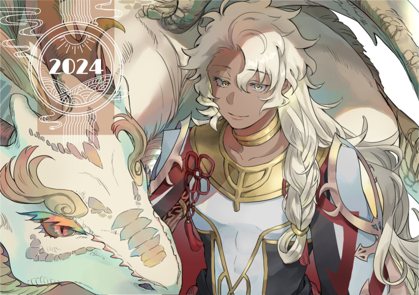 1boy 2024 arm_tattoo braid chinese_zodiac closed_mouth dark-skinned_male dark_skin doro_(kura-chou) dragon fate/grand_order fate_(series) flower_knot jewelry long_hair looking_at_viewer male_focus neck_ring new_year side_braid simple_background single_braid smile solo solomon_(fate) tattoo upper_body white_background white_hair year_of_the_dragon yellow_eyes