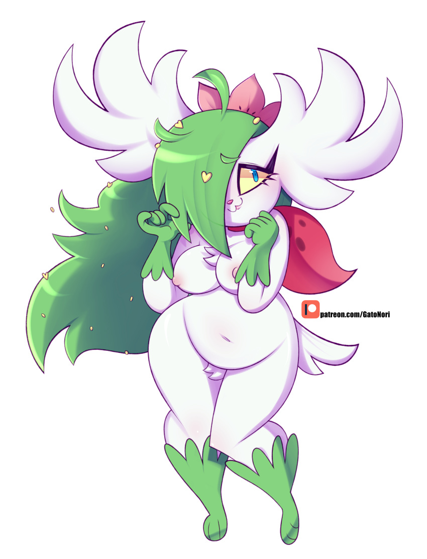 absurd_res anthro breasts female genitals hi_res legendary_pok&eacute;mon nintendo norithecat nude pok&eacute;mon pok&eacute;mon_(species) pok&eacute;morph pussy shaymin solo thick_thighs video_games white_body