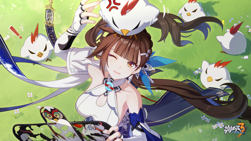 ! 1girl anger_vein animal animal_on_head bare_shoulders bird bird_on_head breasts brown_eyes brown_hair chinese_clothes chinese_commentary detached_sleeves earrings fingerless_gloves flower gloves grass highres holding holding_kite honkai_(series) honkai_impact_3rd jewelry jingwei_(bird) kite large_breasts li_sushang li_sushang_(jade_knight) logo long_hair official_art official_wallpaper on_head one_eye_closed outdoors parted_lips twintails upper_body very_long_hair white_flower white_gloves