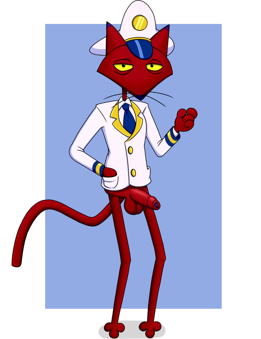 absurd_res anthro balls bottomless cartoon_network casual_nudity clothed clothing courage_the_cowardly_dog domestic_cat erection felid feline felis foreskin genitals hand_in_pocket hi_res katz_(courage_the_cowardly_dog) male mammal neenya penis pockets solo