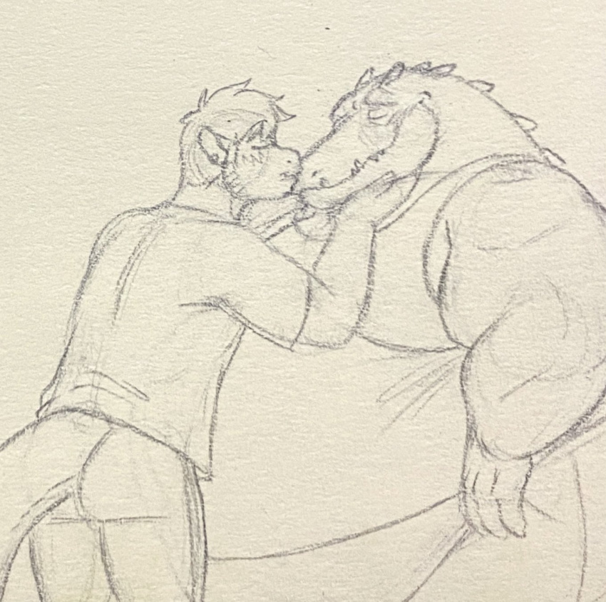 alligator alligatorid anthro belly big_belly blush cody_(swatthefox) crocodilian dragon duo eon54 eyes_closed hands_on_chin hi_res jagged_(eon54) kissing leaning lying male male/male on_front overweight overweight_anthro overweight_male reptile scalie size_difference smaller_male soft_belly standing