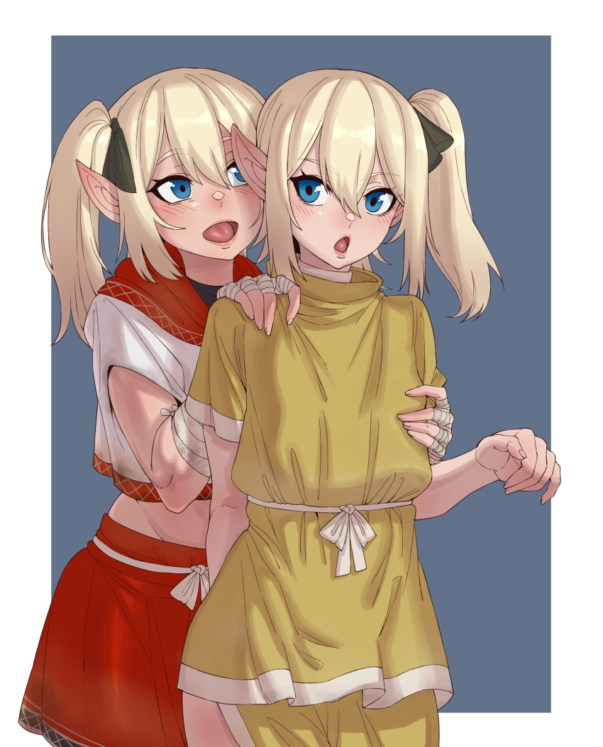 2girls absurdres bandaged_arm bandages black_ribbon blue_background blue_eyes ebonyxh elf hair_ribbon highres lettanya midriff multiple_girls open_mouth original pointy_ears ribbon short_hair siblings side_ponytail simple_background sisters smile tongue white_background white_hair