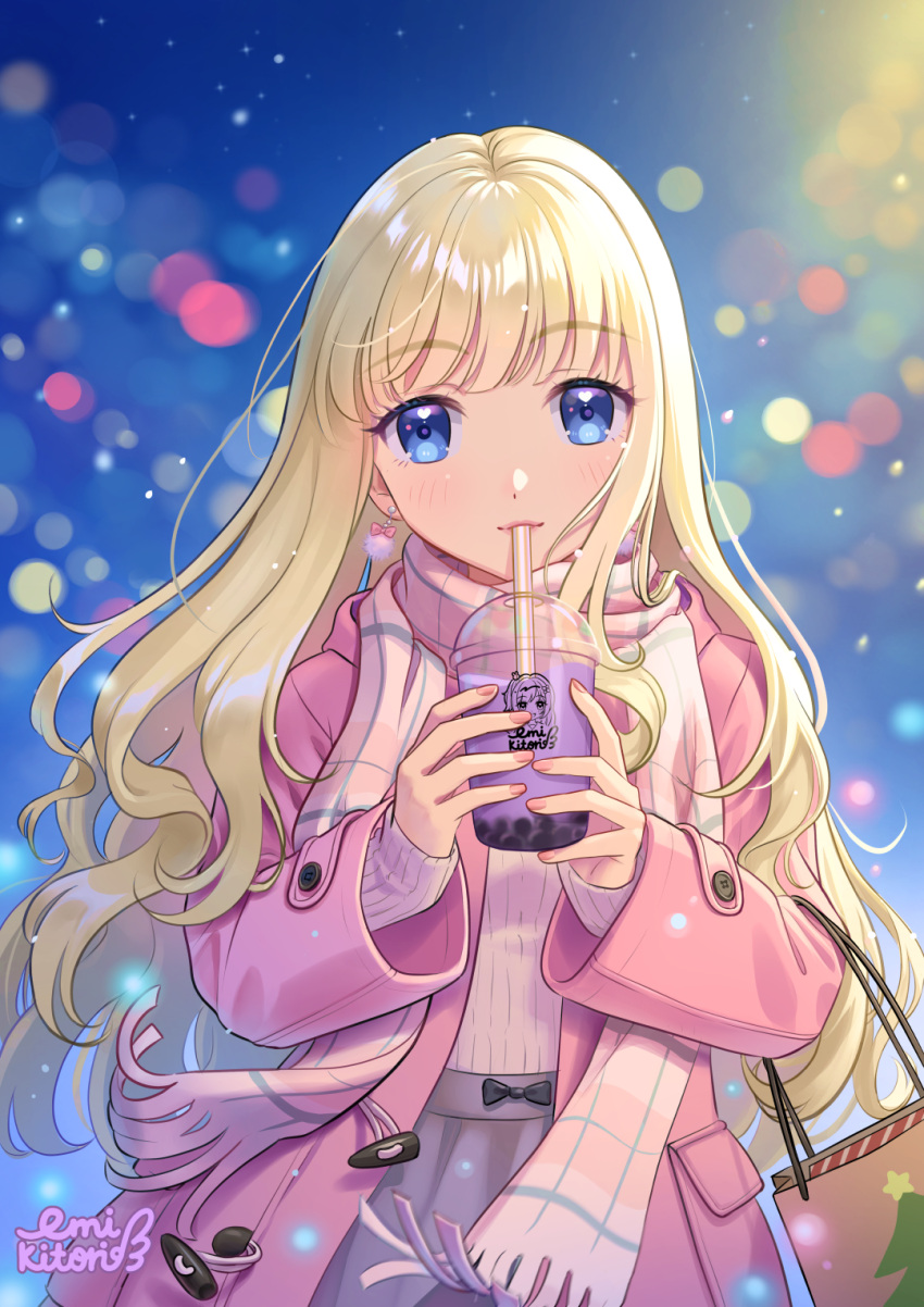 1girl blonde_hair blue_eyes blurry blurry_background blush bokeh bow bow_earrings bubble_tea coat cup depth_of_field disposable_cup drinking drinking_straw drinking_straw_in_mouth duffel_coat earrings highres holding holding_cup jewelry lilia_creative long_hair long_sleeves looking_at_viewer nail_polish original plaid plaid_scarf scarf skirt sleeves_past_wrists smile solo sweater very_long_hair