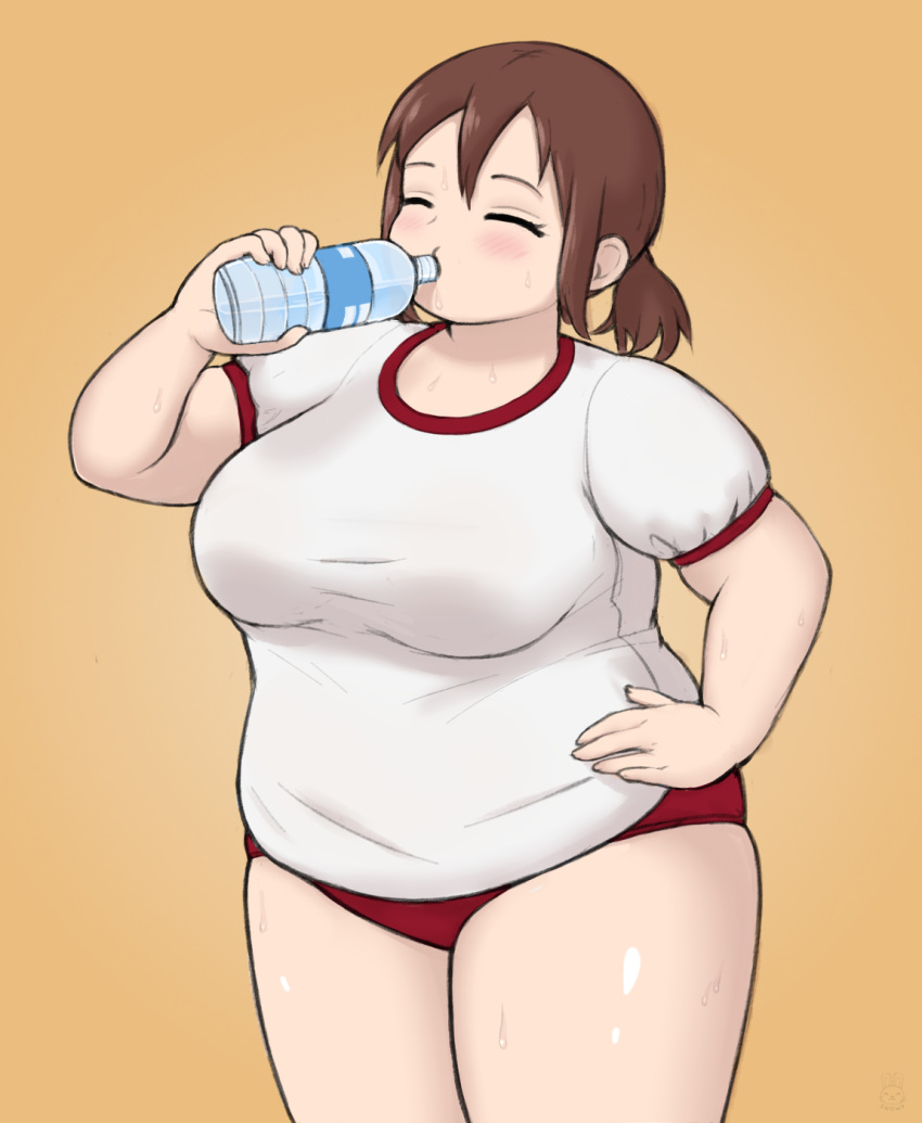 1girl blush boku_no_kokoro_no_yabai_yatsu bottle breasts brown_hair buruma closed_eyes cowboy_shot drink drinking fat gym_uniform hair_between_eyes hand_on_own_hip hara_honoka highres holding holding_drink large_breasts light_brown_background long_hair plump red_buruma shirt sidelocks simple_background snowybunny solo sweat thick_arms thick_thighs thighs twintails water_bottle white_shirt