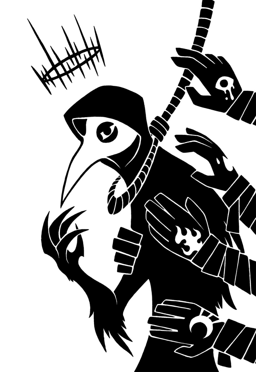 2015 5_fingers anthro arm_tuft avian beak bird black_and_white crescent_moon digital_drawing_(artwork) digital_media_(artwork) elbow_tuft feather_tuft feathers fingers floating_crown halo hand_eye hi_res hood male monochrome moon mostly_offscreen_character noose scp-049 scp_foundation silhouette simple_background solo sunnyclockwork tuft white_background wrist_tuft