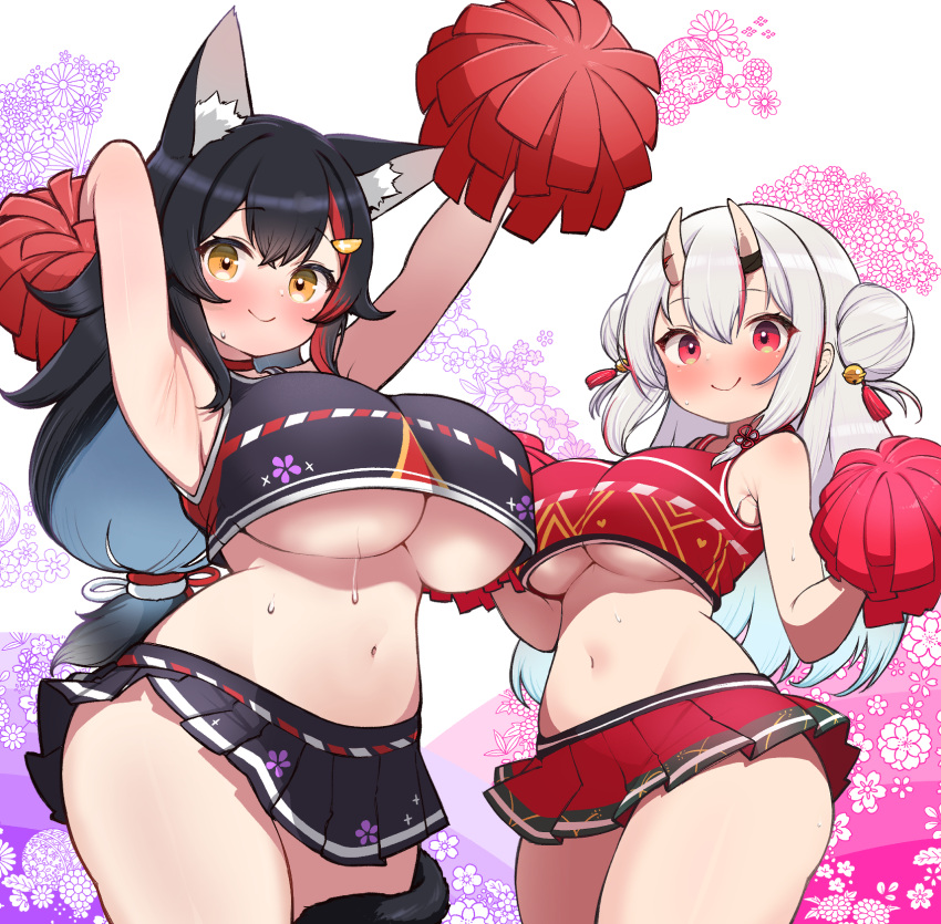 2girls :p alternate_breast_size animal_ears armpits arms_up bell black_hair black_skirt blush breasts brown_eyes cheerleader commentary_request cowboy_shot double_bun grey_hair grin hair_bell hair_bun hair_ornament heart highres hololive horns kani_bonara large_breasts long_hair looking_at_viewer low-tied_long_hair microskirt multicolored_hair multiple_girls nakiri_ayame navel oni_horns ookami_mio pleated_skirt pom_pom_(cheerleading) red_eyes red_hair skin-covered_horns skirt smile stomach streaked_hair symbol-shaped_pupils tail tail_around_own_leg tongue tongue_out underboob wolf_ears wolf_girl wolf_tail