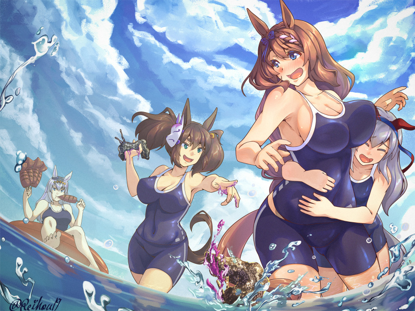 4girls animal_ears artist_name barefoot blue_bow blue_eyes blue_one-piece_swimsuit blue_sky blush bouncing_breasts bow braid breasts brown_hair cleavage closed_eyes cloud commentary_request competition_school_swimsuit covered_navel cowboy_shot day ear_covers eating fox_mask fried_squid green_eyes grey_hair hair_between_eyes hair_bow highres horse_ears horse_girl horse_tail hug hug_from_behind inari_one_(umamusume) large_breasts long_bangs long_hair looking_at_another looking_to_the_side mask mask_on_head medium_bangs multiple_girls ocean oguri_cap_(umamusume) one-piece_swimsuit open_mouth orange_innertube outdoors reihou19 school_swimsuit sea_slug sky slime_(substance) smile super_creek_(umamusume) swimsuit tail tamamo_cross_(umamusume) tracen_swimsuit twintails umamusume very_long_hair water wet