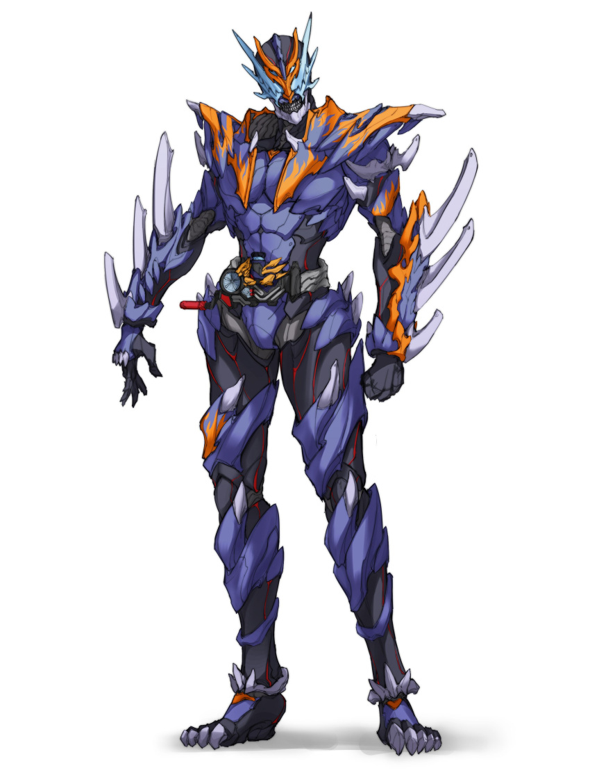 1boy absurdres blue_armor blue_eyes build_driver chaoslegon clenched_hand clenched_teeth cross-z_dragon dragon fire flame flame_print highres kamen_rider kamen_rider_build_(series) kamen_rider_cross-z open_hand sharp_teeth simple_background sketch spikes stylistic teeth white_background