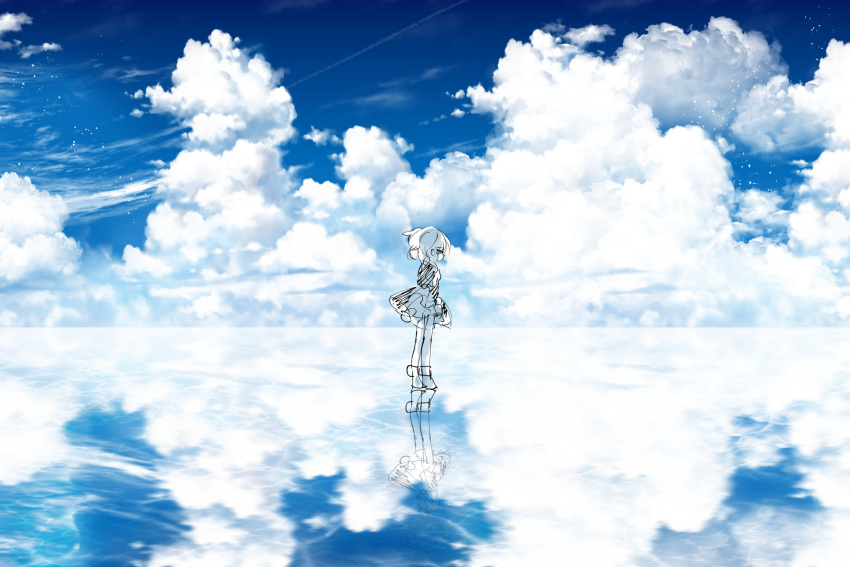 1girl ankle_boots black_dress blue_sky boots doodles dress happy_saint_sheol highres looking_to_the_side maya_elbeth medium_hair qcu_ssn reflection sky