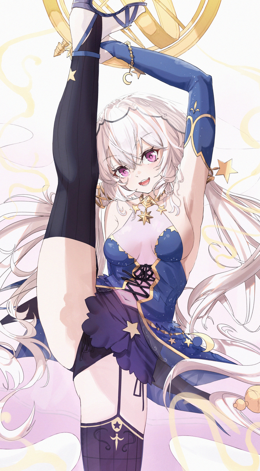 :d absurdres arm_up armpits artist_request black_legwear black_panties blue_dress blue_gloves breasts bridal_gauntlets commission covered_navel dress elbow_gloves eyebrows_behind_hair fingerless_gloves garter_straps gloves hair_between_eyes halterneck high_heels highres leg_lift long_hair looking_at_viewer lossy-lossless low_twintails medium_breasts navel panties purple_eyes second-party_source sennen_sensou_aigis short_dress side-tie_panties smile solais_(sennen_sensou_aigis) split standing standing_on_one_leg standing_split stirrup_legwear teeth thighhighs toeless_legwear twintails underwear upper_teeth veil very_long_hair white_hair