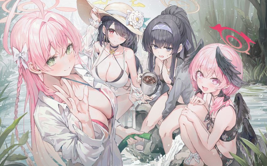 4girls ahoge black_hair black_wings blue_archive blush braid closed_mouth commentary eyes_visible_through_hair feathered_wings green_eyes hair_between_eyes hair_over_one_eye hanako_(blue_archive) hanako_(swimsuit)_(blue_archive) head_wings highres hinata_(blue_archive) hinata_(swimsuit)_(blue_archive) koharu_(blue_archive) koharu_(swimsuit)_(blue_archive) long_hair low_twintails multiple_girls myung_yi official_alternate_costume open_mouth pink_eyes pink_hair purple_eyes red_eyes single_braid smile symbol-only_commentary twintails ui_(blue_archive) ui_(swimsuit)_(blue_archive) wings