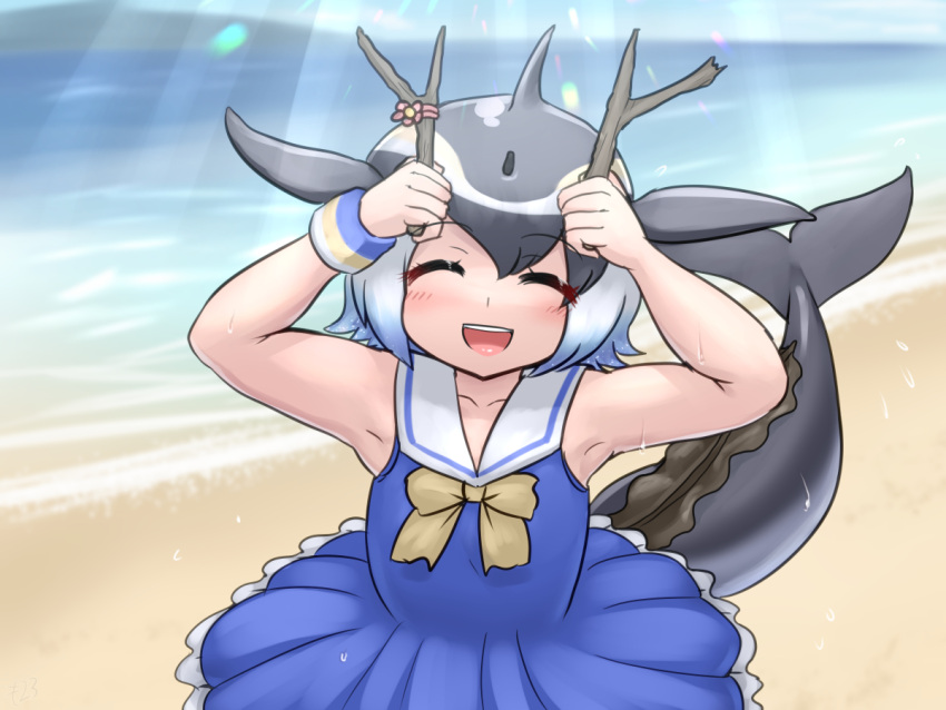 1girl animal_ears beach black_hair blonde_hair blowhole blue_hair blush bow cetacean_tail common_dolphin_(kemono_friends) dolphin_girl dorsal_fin dress fake_horns fins fish_tail flower grey_hair horns kelp kemono_friends kemono_friends_3 looking_at_viewer mo23 multicolored_hair open_mouth sailor_collar shirt short_hair sleeveless smile solo tail twig white_hair