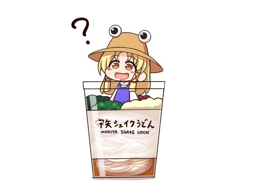 1girl ? blonde_hair blush_stickers brown_eyes chibi commentary_request cup dress drooling food hat highres moriya_suwako noodles purple_dress pyonta shitacemayo solo touhou udon